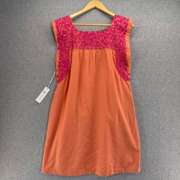 J. Marie NWT Womens Medium Oaxaca Floral Embroidered Dress Orange Pink Linen - Picture 5 of 16